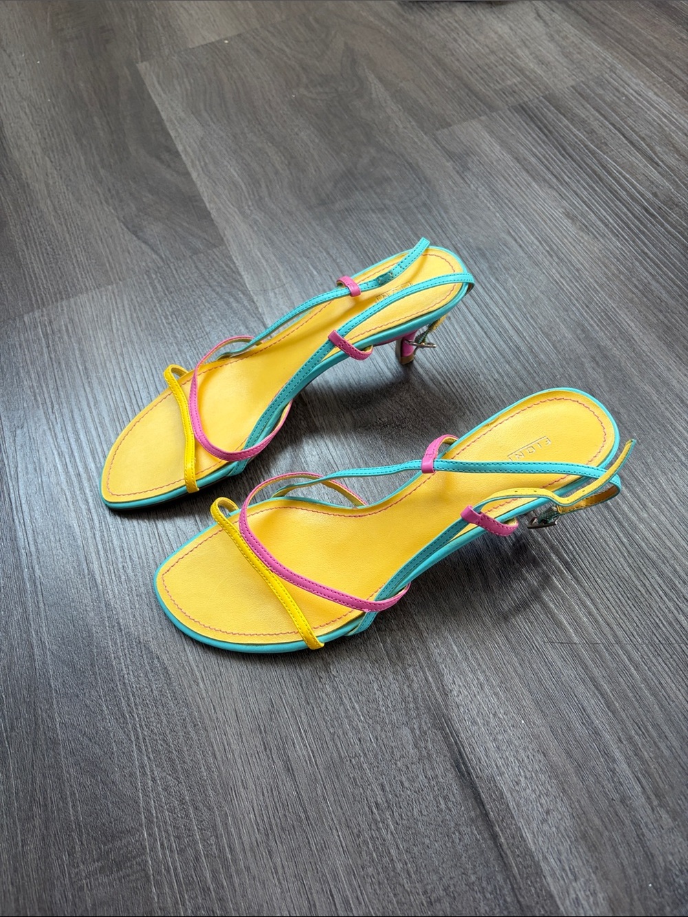 FIONI Clothing Yellow Heeled Slingbacks with Pink & Teal Straps